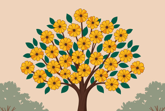 Stylized illustration of a vibrant tree with numerous yellow flowers and green leaves on a light background.