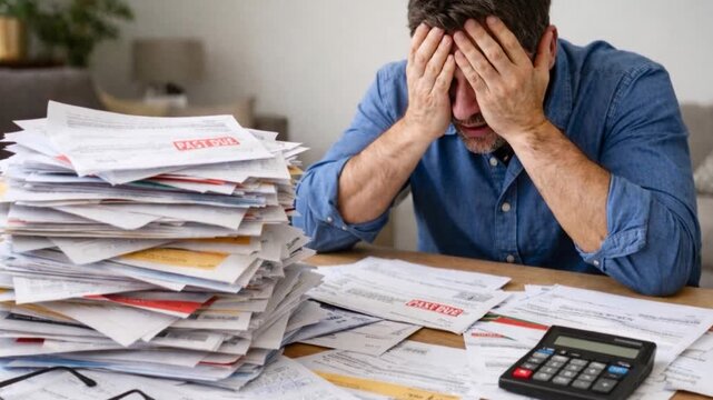 Stressed man feels panic about financial problem checking bills. 
