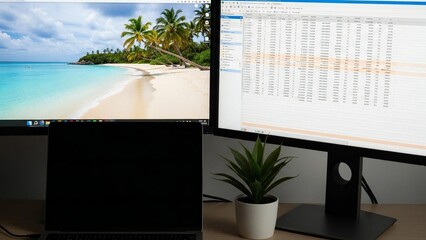 Home office setup for remote work, blending productivity with a dream vacation view.