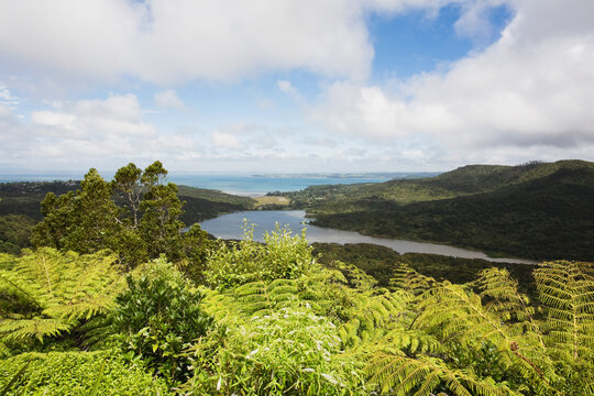 Scenic view of Manukau Harbour and Waitakere Ranges Regional Park landscape