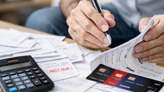 Hand of man are calculate monthly expenses and credit card at home.
