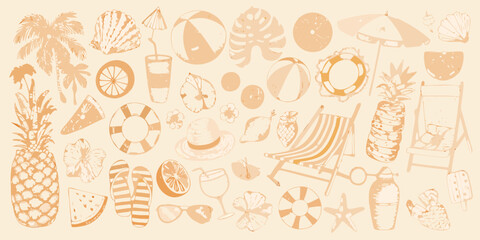 A collection of summer themed illustrations in a warm monochromatic tone © ShibuProsad