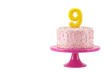 Pink Birthday Cake with Number 9 Candle on Cake Stand