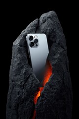 A sleek, modern mobile device, featuring a prominent multi-lens camera module, is powerfully embedded within a rugged, dark rock formation. A vibrant, fiery orange-red glow emanates from a dramatic cr