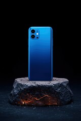 A sleek, vibrant blue mobile device stands prominently upright on a rugged, dark, cracked rock formation, which emanates an intense, fiery orange glow from its depths. The sophisticated smartphone, wi