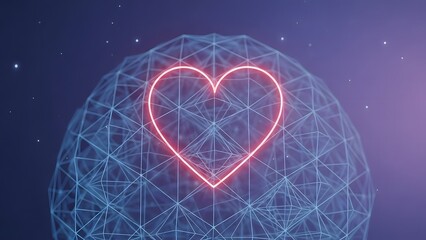 Glowing heart inside a geometric sphere in space