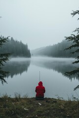 A solitary figure in a vibrant red hooded jacket sits patiently by a calm, misty lake, engaged in the peaceful activity of fishing. Dense evergreen forests line the tranquil waters, shrouded in a soft