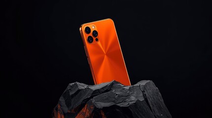 A sleek, vibrant orange smartphone with an advanced multi-lens camera system is elegantly presented on a dark, rugged textured base against a minimalist black background. This high-contrast studio com
