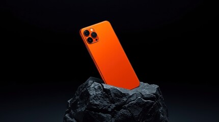A striking orange mobile device, showcasing a sophisticated multi-lens camera system, is dynamically positioned on a textured, rugged dark rock. Set against a deep, minimalist black backdrop, this stu