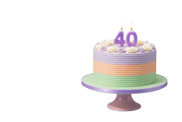 40th Birthday Cake with Pastel Icing and Lit Candles on White Background