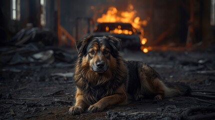 A stoic, furry canine, with rich brown and black fur, rests calmly amidst a scene of destruction. The dog's piercing gaze confronts the viewer, embodying resilience and survival in a desolate landscap