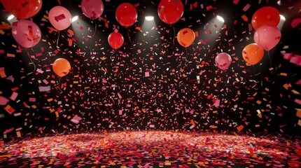 A vibrant and dynamic celebratory scene unfolds with a shower of colorful confetti in cheerful shades of pink, red, and orange, cascading against a dramatic dark background. Multiple festive balloons,