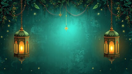 Green Ramadan background with hanging lanterns and lush foliage in a mystical setting