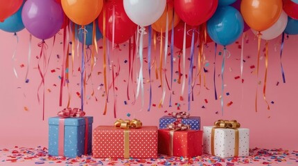 This vibrant and festive image captures the essence of a joyful celebration, featuring an abundance of colorful balloons in various hues filling the upper frame. Below, a collection of attractively wr