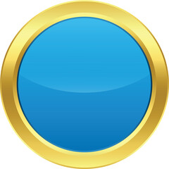 Isolated glossy blue circle pin with golden border. Template on transparent background.