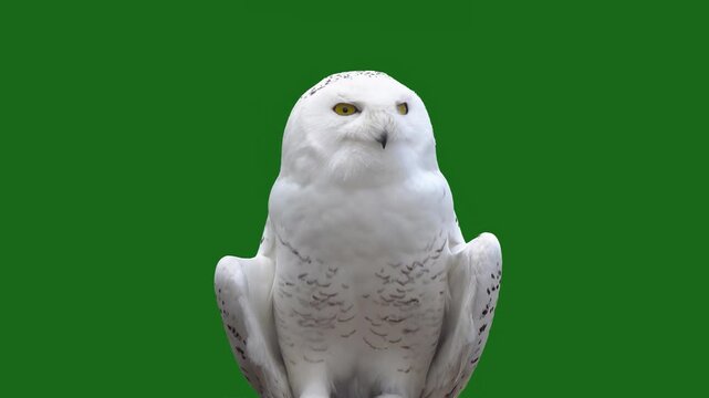 owl (Nyctea scandiaca) observes what is happening on a green screen