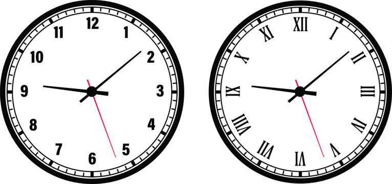 Analog wall clock icon set. Classic round timepiece symbols for schedule and deadline management. Watch face designs for office and home decor vector illustration isolated on transparent background.