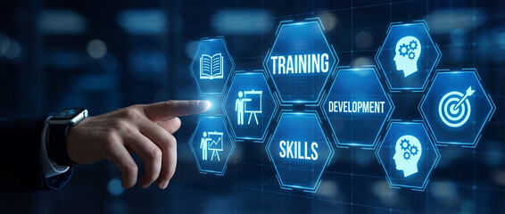 Businessman touching a digital "TRAINING DEVELOPMENT SKILLS" interface with education and goal icons. Concept of professional growth, HR management, and employee coaching in a modern office.