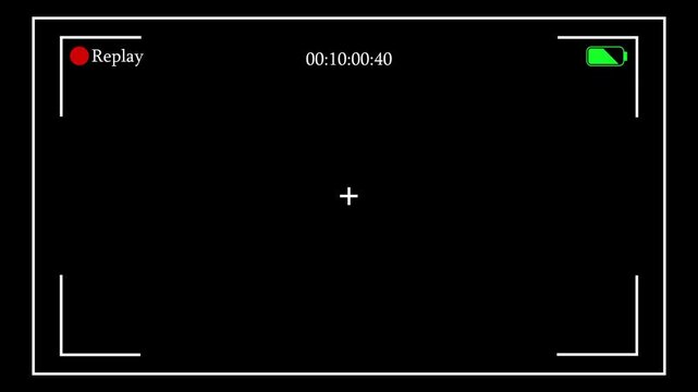 Camera Recording Viewfinder Overlay with Timecode and REC Indicator. Clean camera recording viewfinder overlay featuring REC indicator, timecode display, battery icon, focus brackets, center crosshair