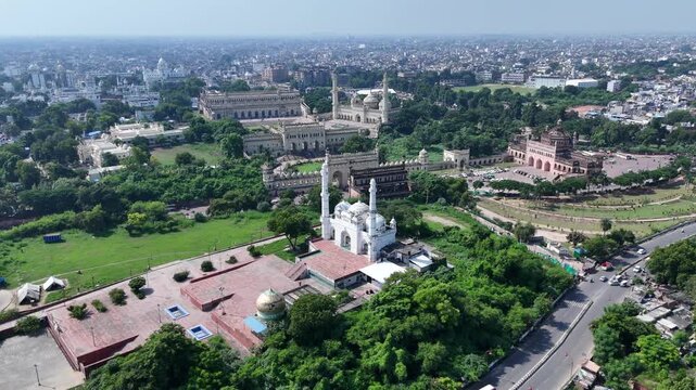 Drone shot of Bara Imambara and Rumi Gate in Lucknow with Gomti River and city skyline