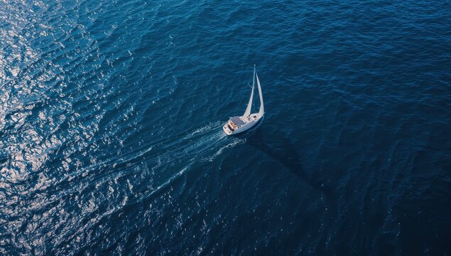 High angle shot of a boat leaving a white wake as it navigates the dark blue water.