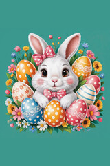 A cute bunny with a pink bow tie is surrounded by vibrant, decorated Easter eggs and colorful flowers.