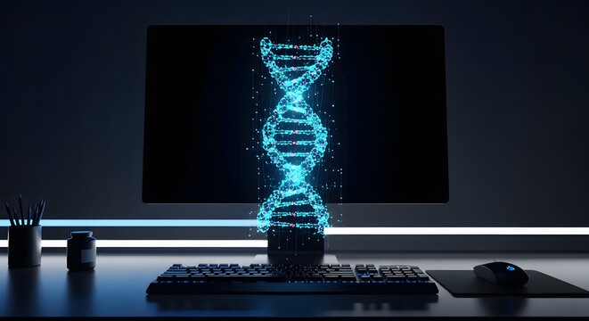 Glowing digital DNA helix structure floating above a dark comput