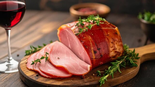 A sliced glazed ham roast garnished with fresh herbs, served on a wooden board with a glass of red wine in a warm dining setting.