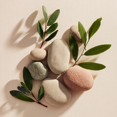 spa wellness natural stones leaves soft light minimal composition