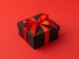 Fototapeta premium A beautifully wrapped black gift box with a red ribbon on a solid red background for special occasions