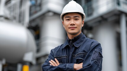 A confident young Thai engineer stands with arms crossed, wearing a white safety helmet. He showcases a sense of pride at a busy construction site filled with towering machinery