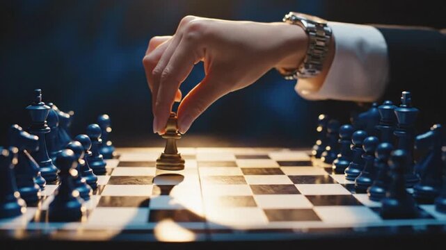 A person makes a strategic move on a chessboard in a video about critical thinking
