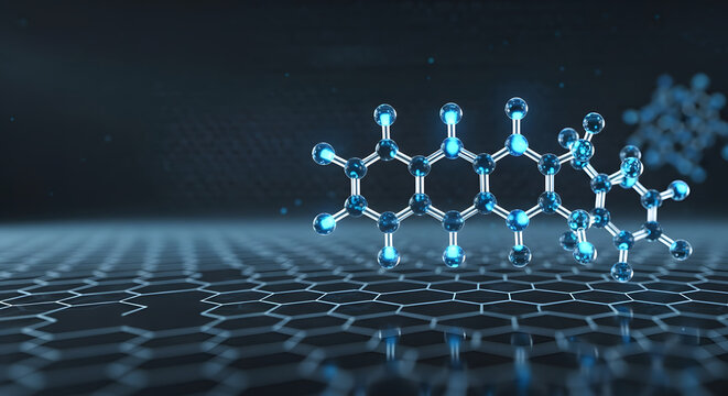 3D render of a complex molecular structure with glowing blue ato