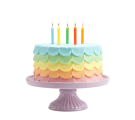 Pastel Rainbow Scalloped Birthday Cake with Lit Candles on Purple Stand
