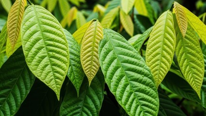 Vibrant Green Leaves with Yellow Tips Closeup.