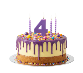 Purple Drip Birthday Cake with Number 4 Candle and Sprinkles