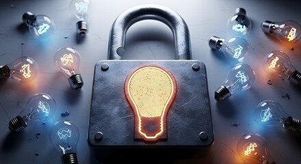 Security padlock with glowing fingerprint lightbulb icon for protection