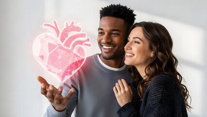 Couple Interacting with a3D Holographic Heart woman