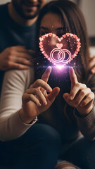 Couple Interacting with Glowing Heart Symbol of Love and Rings