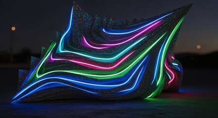 Diagonal paper folds are embellished with neon glowing accents in a night setting. Surreal craft concept