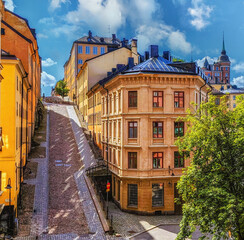 steep paved street in S&ouml;dermalm in Stockholm, Sweden