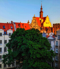 City of Gdansk in Poland, historic gabled burgher houses in the Old Town with tower