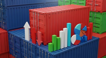 Shipping containers with 3D financial charts representing global trade data