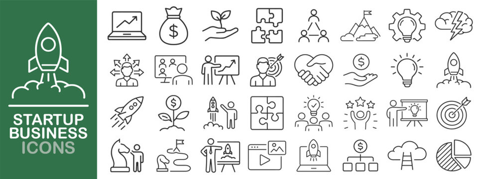 Startup business line icon set, rocket, idea, growth, strategy, teamwork, finance symbols, outline vector collection on transparent background