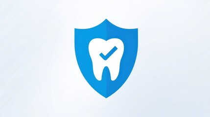 A blue shield emblem with a white tooth and checkmark symbolizes dental health hygiene and quality oral care services on