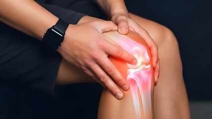 An athlete suffering from knee joint pain with an anatomical bone illustration and red inflammation