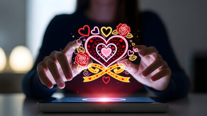 Hands Hovering Over a Tablet Displaying a Glowing Heart with Roses and Ribbons