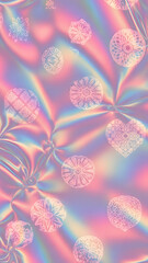Iridescent holographic background with abstract circular and heart shapes