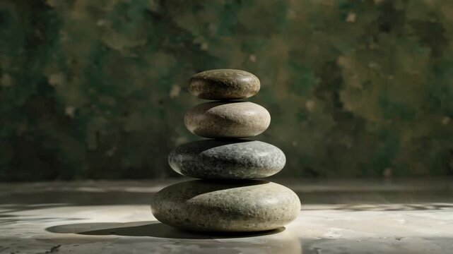 Smooth flat stones stacked in balance atop a white fabric, symbolizing peace, harmony, and stability