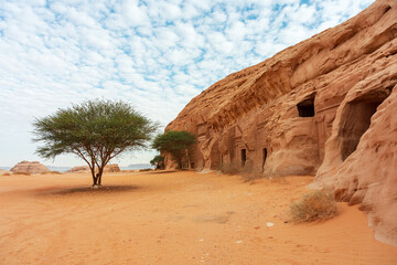 Hegra, Saudi Arabia - ancient desert cliff tomb with carved facades beneath a bright sky